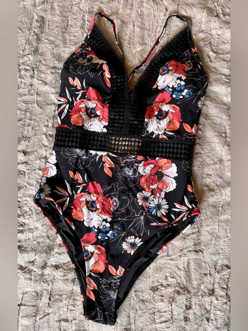 Cupshe Black Floral Lace Insert One-Piece Swimsuit